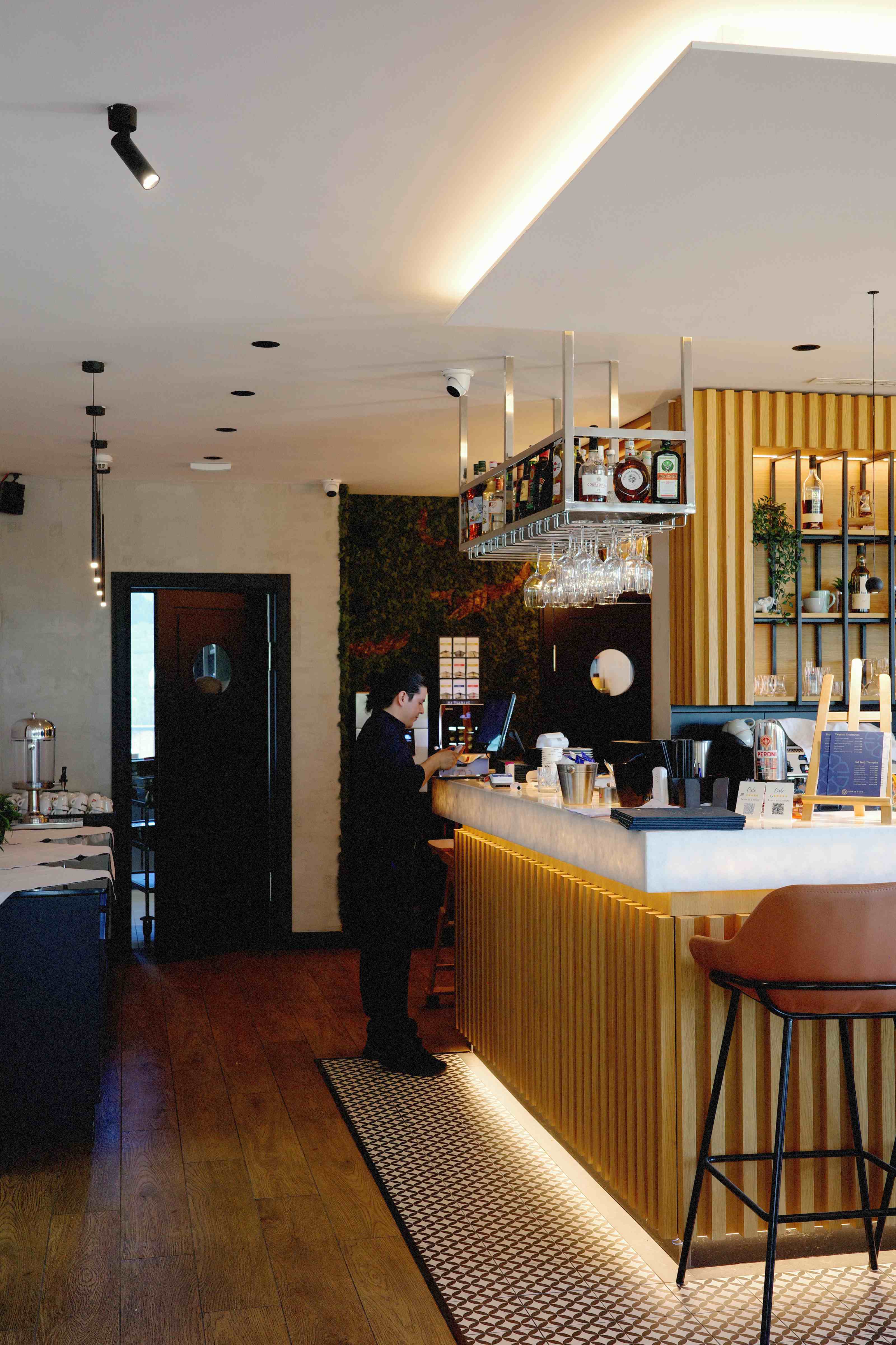 Bright cafe and bar interior at Nomio